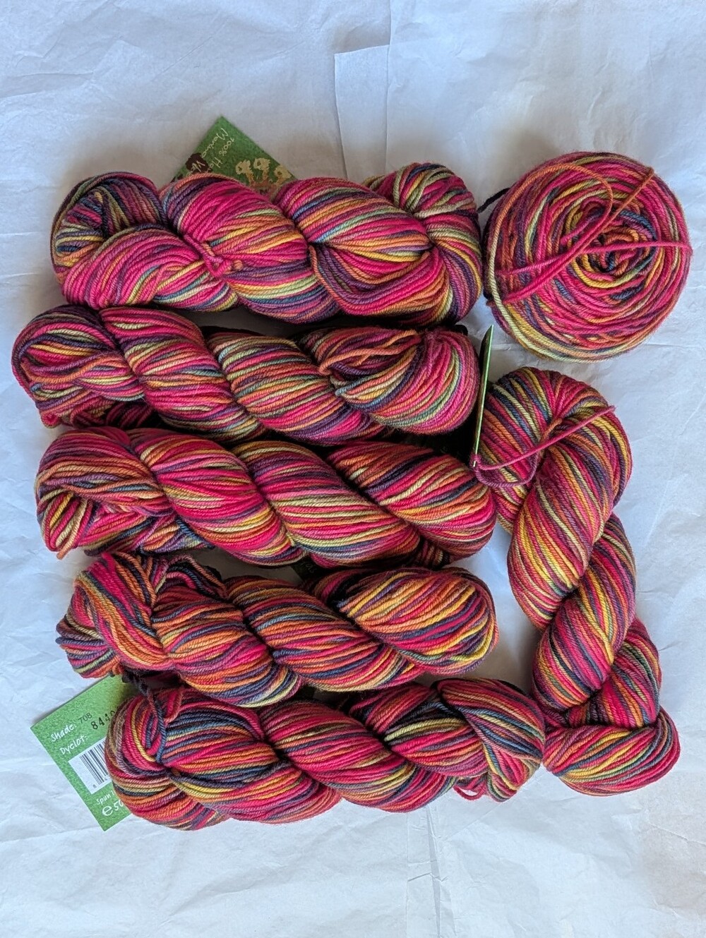 7 skeins of variegated Mirasol Chirapa yarn, 100% hand dyed Merino wool
